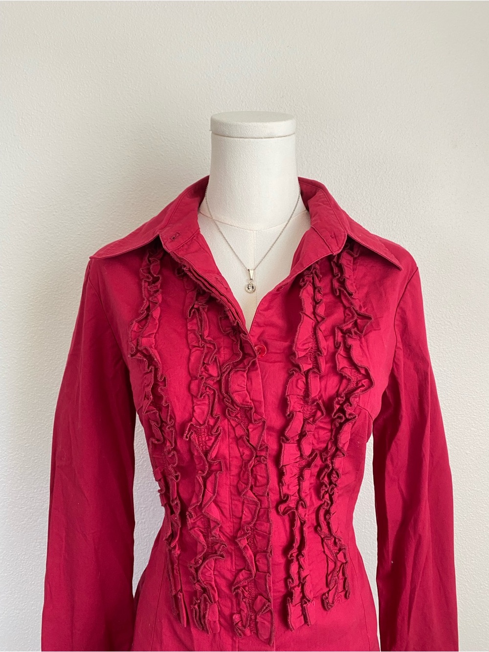 Vintage Ashley Cerise Long Sleeve Button Up Blouse Ruffled Trim Chest Panel - Picture 2 of 6